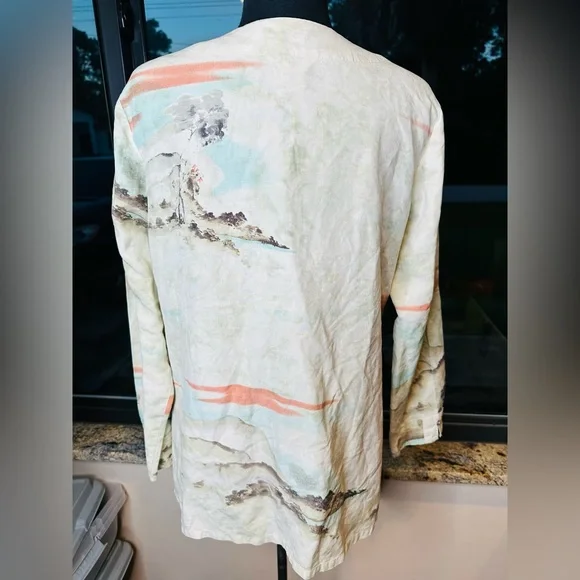 Citron Beige Tunic Landscape Scenery Silk Linen Blend Button Down Size Large - Picture 6 of 8